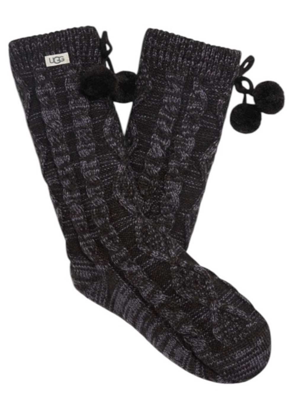 NWOT UGG Charcoal Cable Knit Fleece Lined Pom Pom Cabin Socks OS